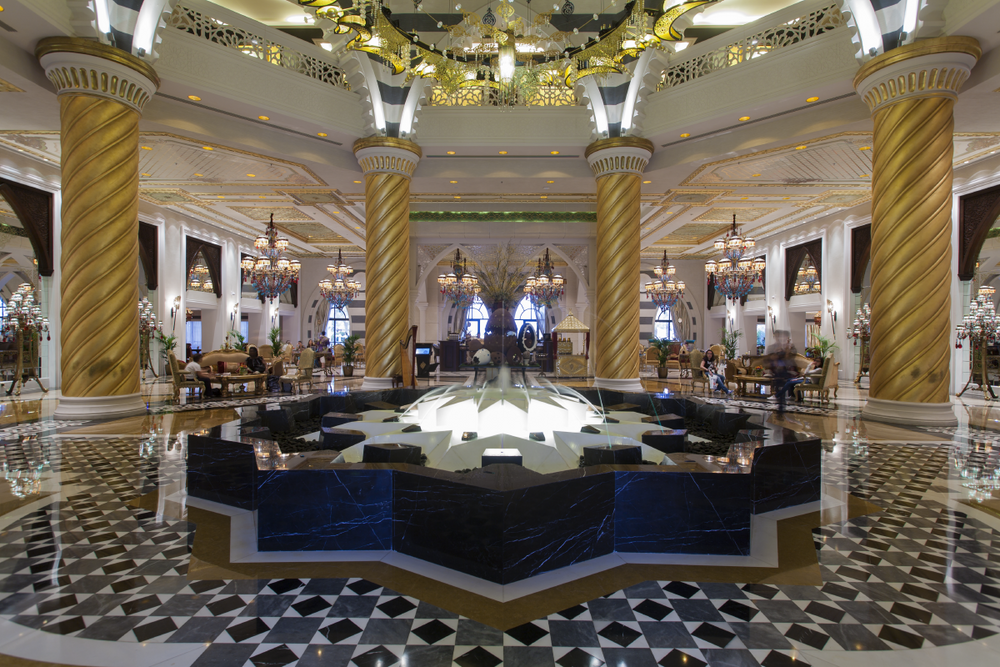 Black Marbel fountain in Luxurious interior of a Zabeel hotel lobby in Dubai