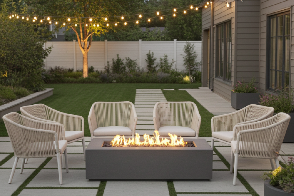 Outdoor patio with marble fire pit in Dubai villa garden