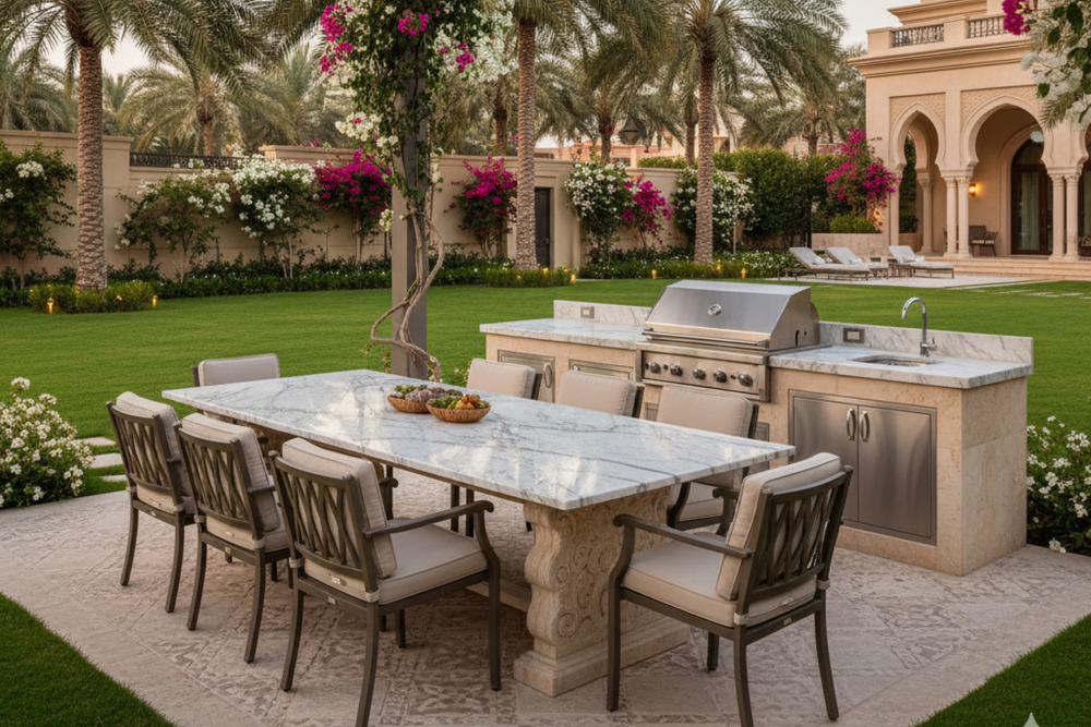 Outdoor BBQ station with dining table and chairs in a luxurious garden setting.