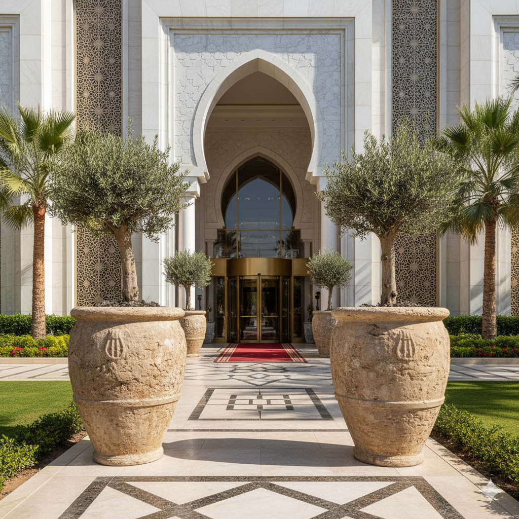 Large stone outdoor planters with olive trees lining entrance to luxury building with ornate archway