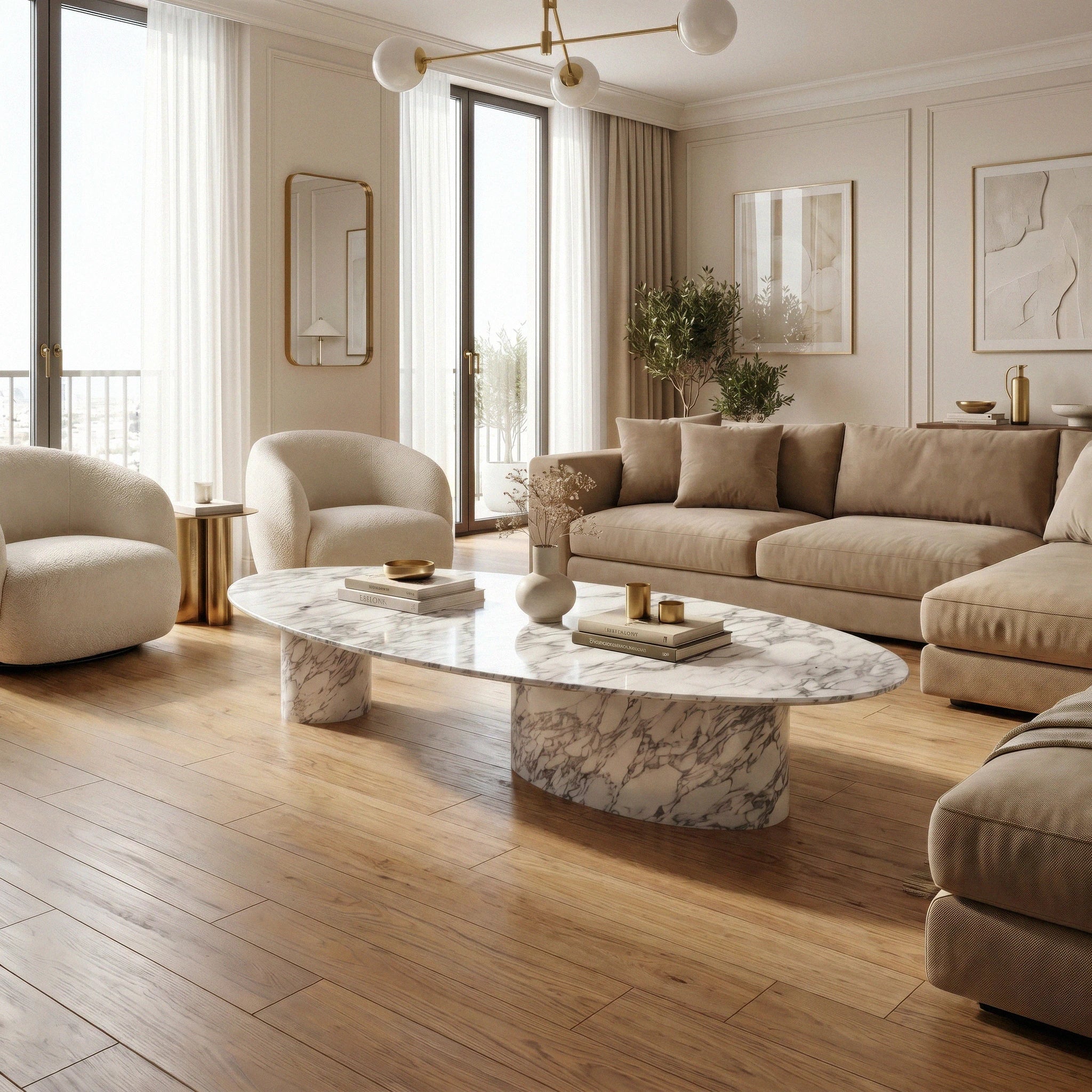 Modern living room with beige sofa, Almond marble coffee table from Marbeya Charm, and large windows.