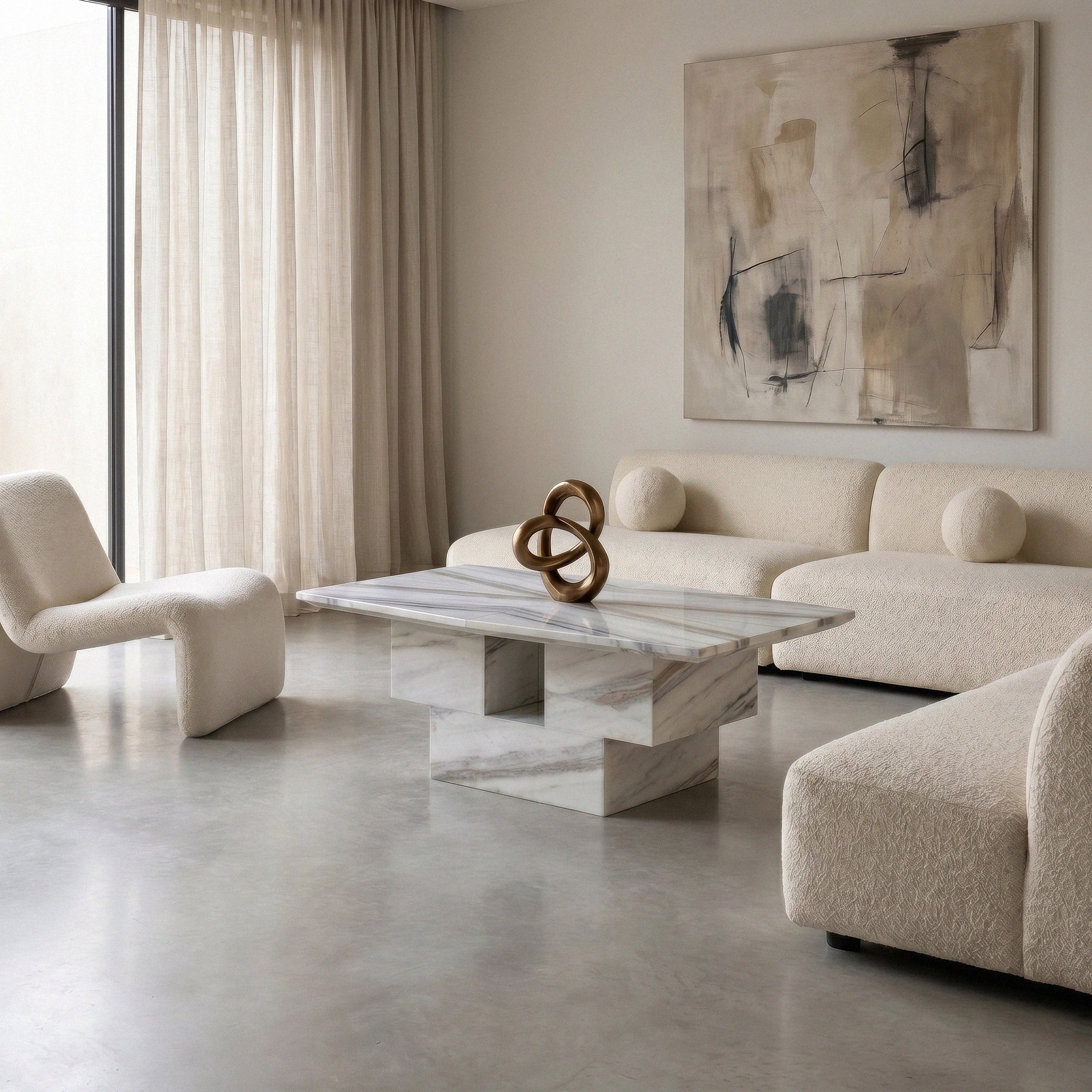 Aurum Marble Coffee Tablein a modern living room with abstract art on wall and stylish furniture.