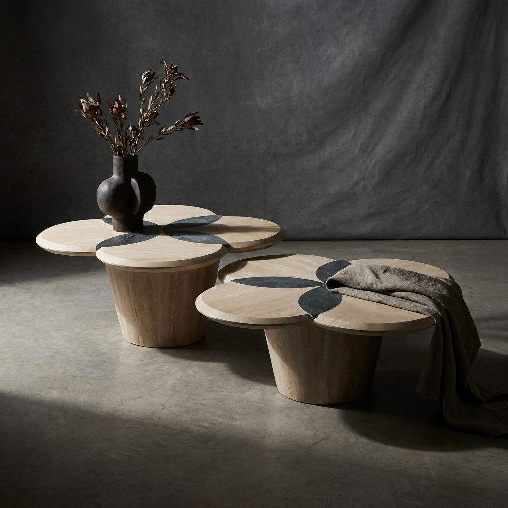 Bloom Coffee Table set with a vase and blanket on a dark background