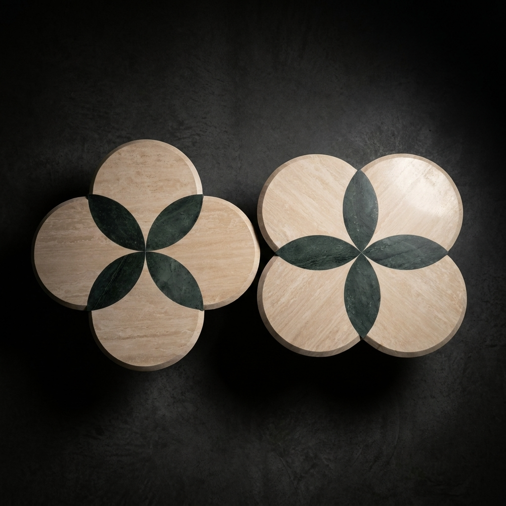 Bloom Coffee Tables (Top View) showing floral design on a dark background