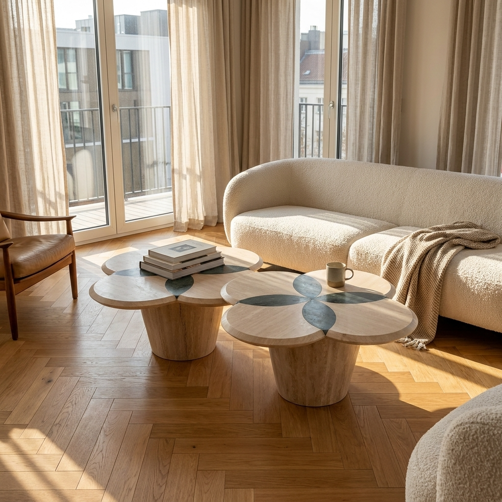 Modern living room with a beige sofa, Bloom coffee table, and large windows.