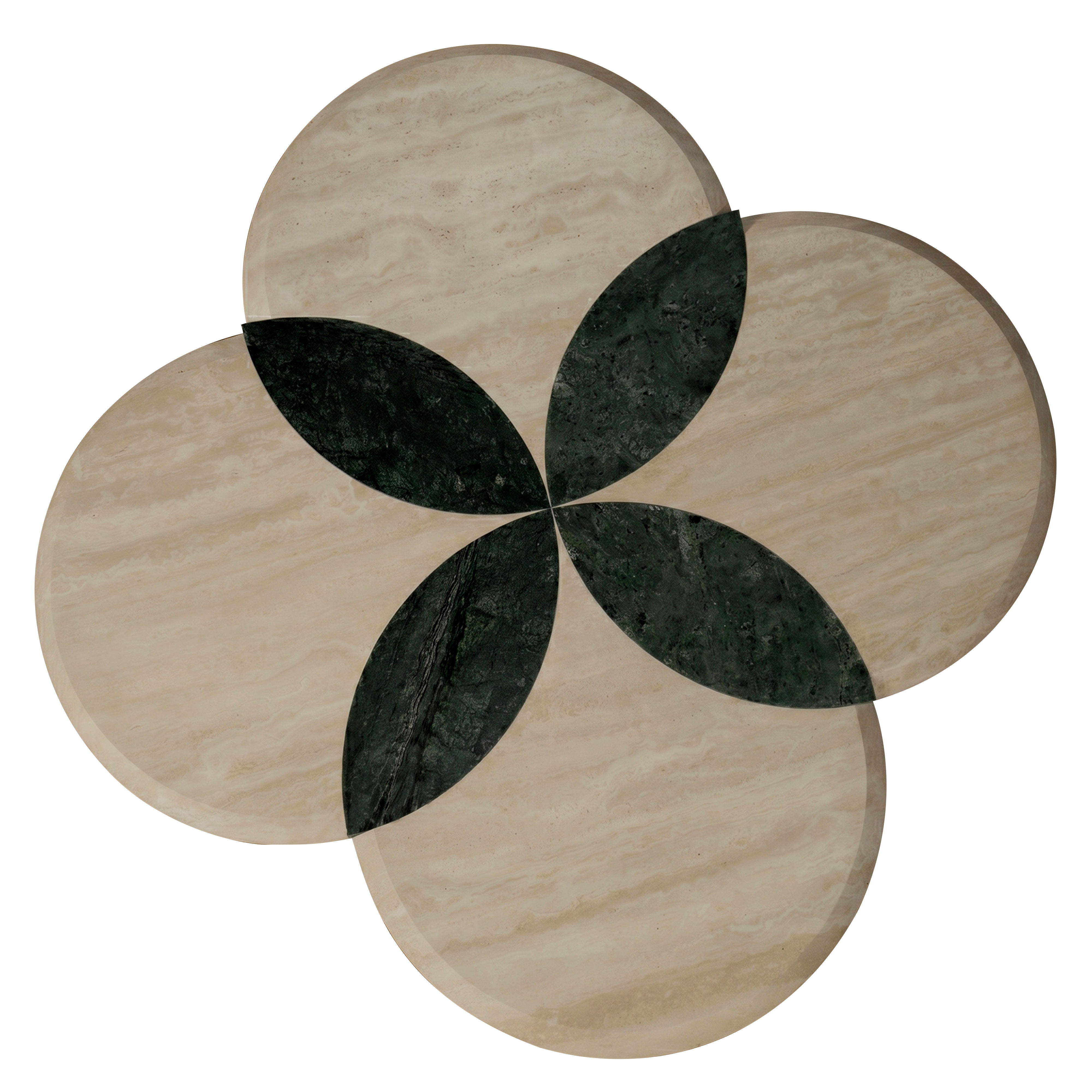 Bloom Coffee Table  designed as four circular beige sections and central green leaf patterns shaping a flower  - Marbeya Charm