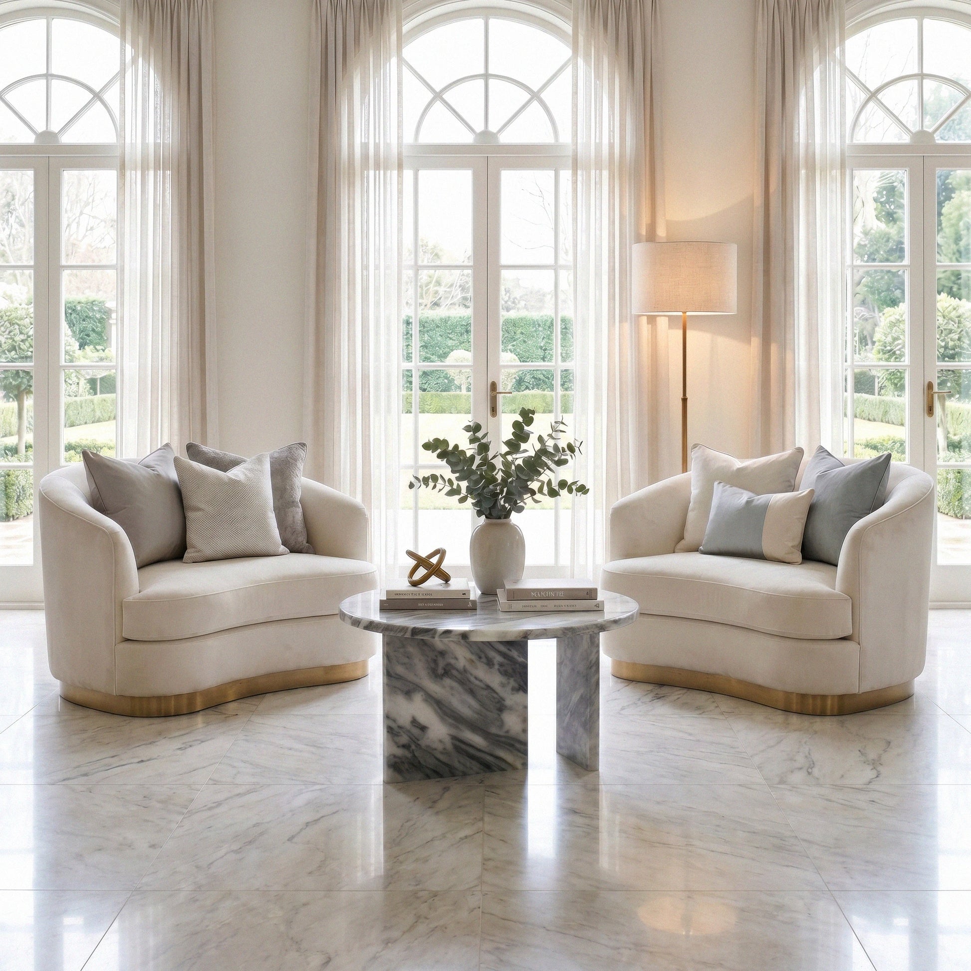 Diva coffee table from Marbeya Charm in a modern living room with marble flooring and big windows, with beige sofas