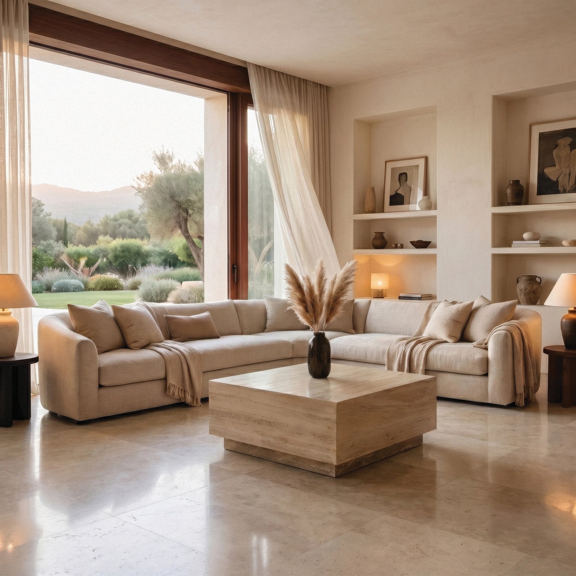 Hampton beige marble coffee table in a living room with large window view on green patio