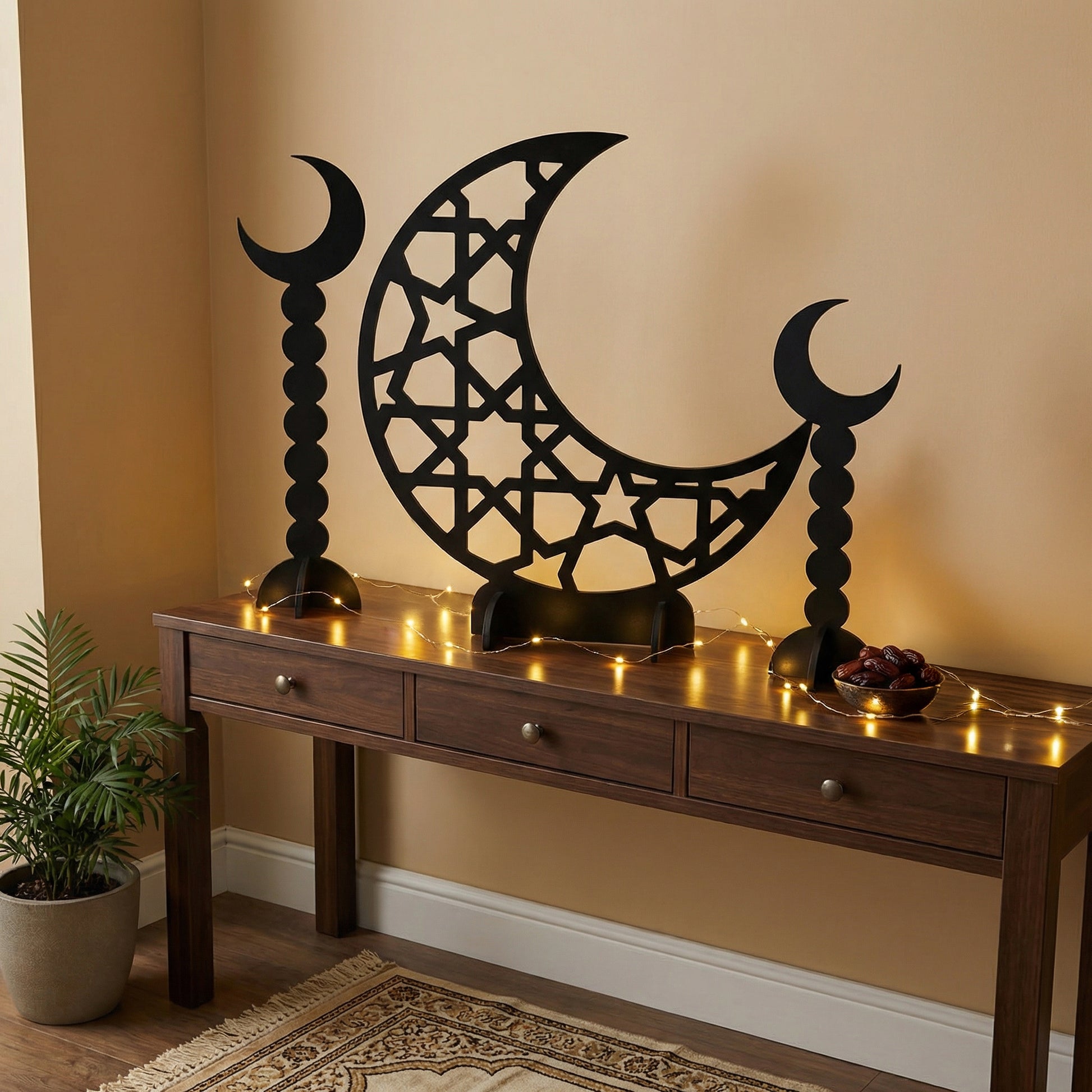 Decorative wall art with a crescent moon design on a wooden console table.