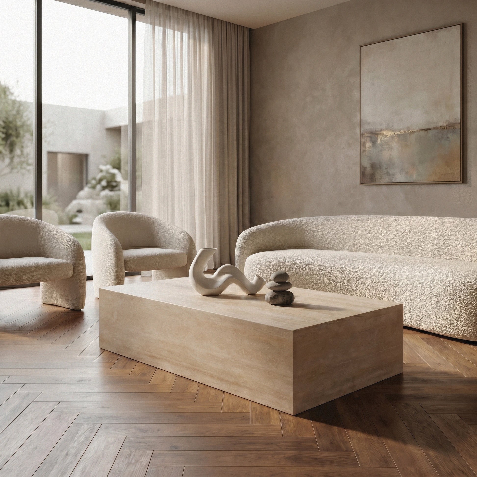 Linea Travertine Coffee Table in modern living room on parquet flooring with beige sofa and large window 