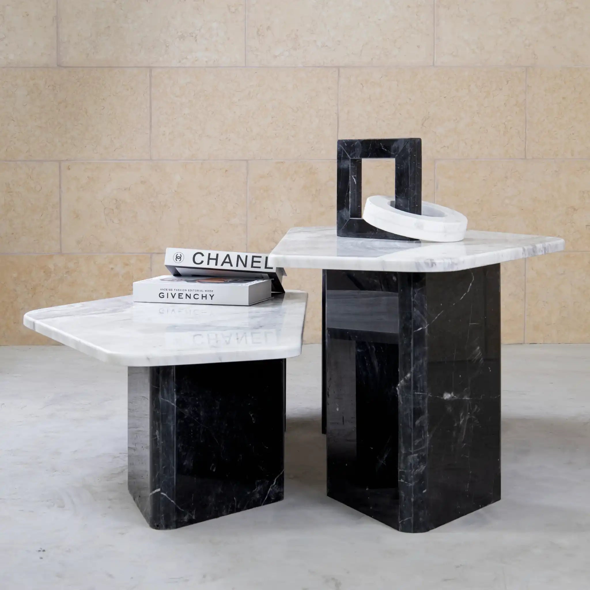 Meri Coffee Table Set with black marble base and white marble top - Marbeya Charm