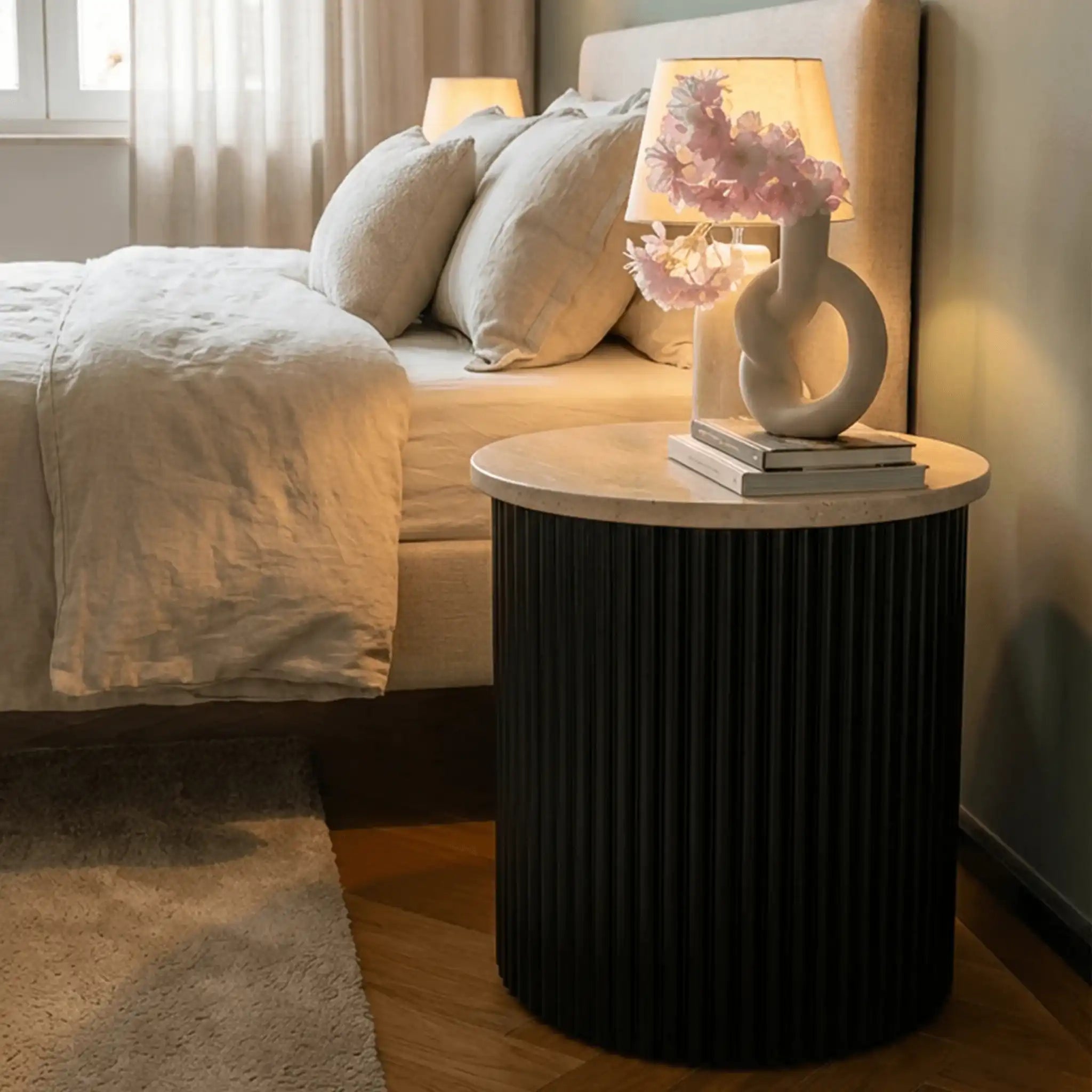Roma Beige Travertine Wooden Base Side Table