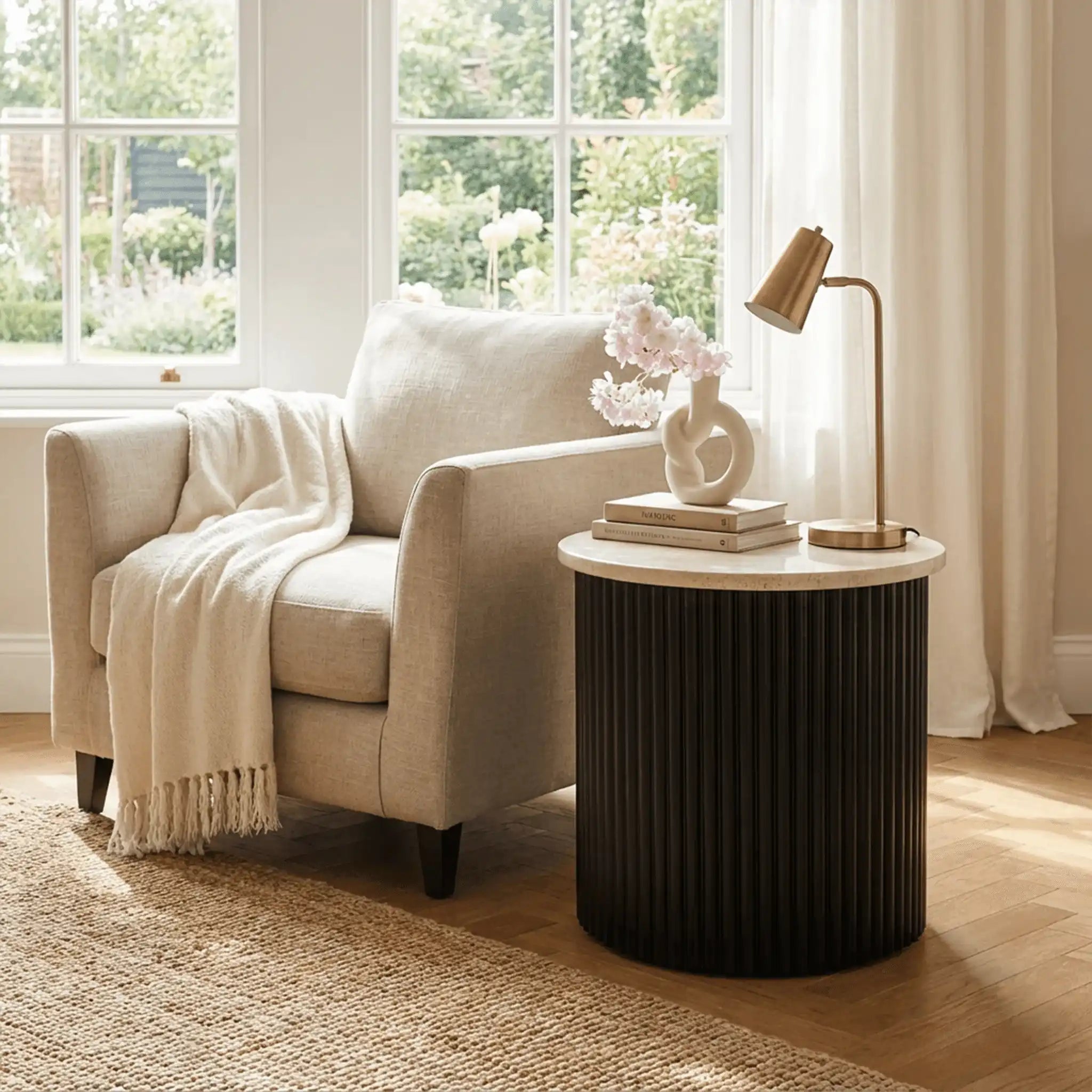 Roma Beige Travertine Wooden Base Side Table