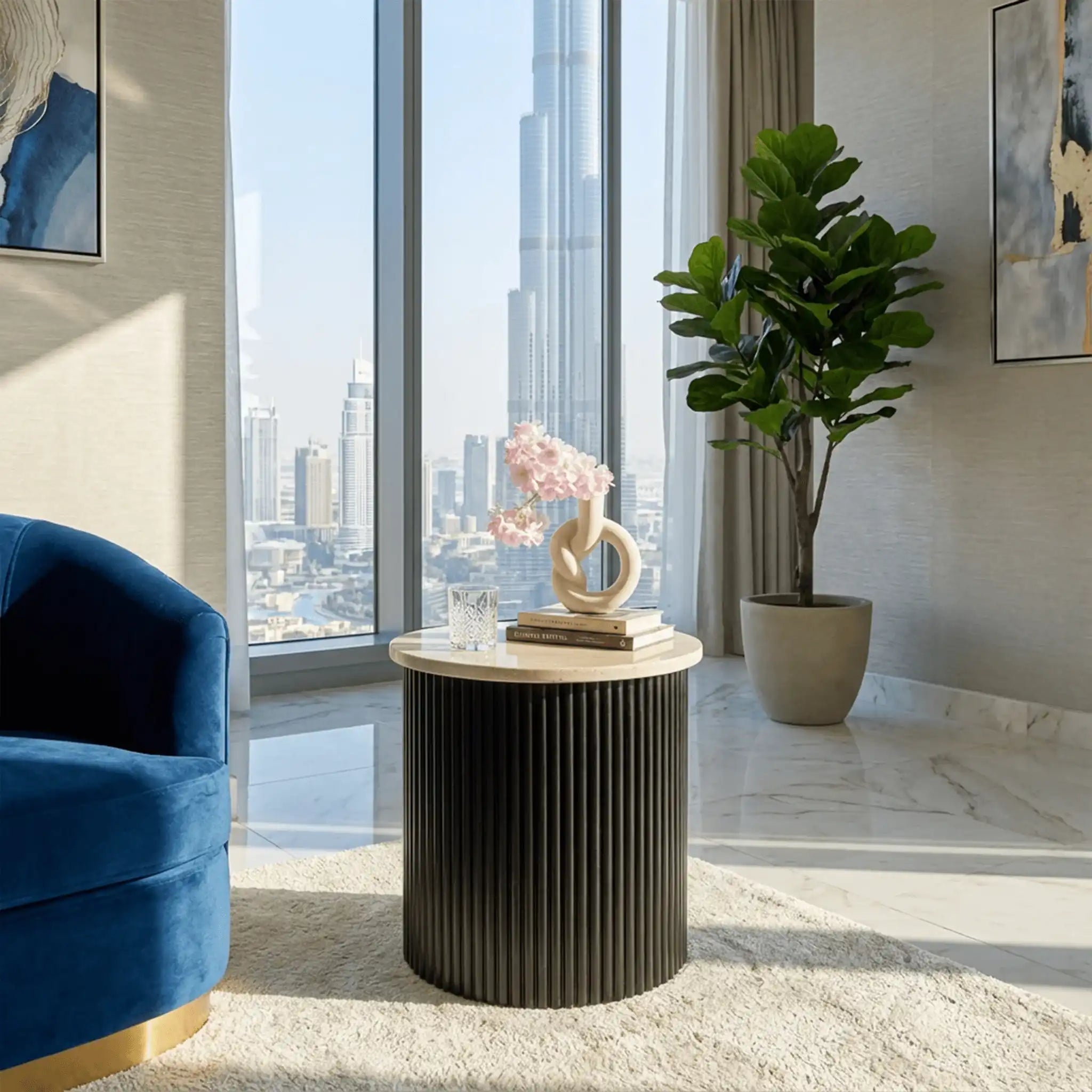 Roma Beige Travertine Wooden Base Side Table