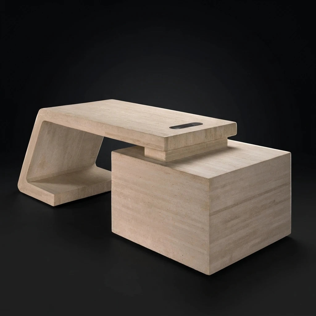 A minimalist modern natural stone office table with beige travertine finish, featuring a geometric angular base and a floating rectangular top with integrated power hub with a built-in wireless charging pad, set against a solid black background.
