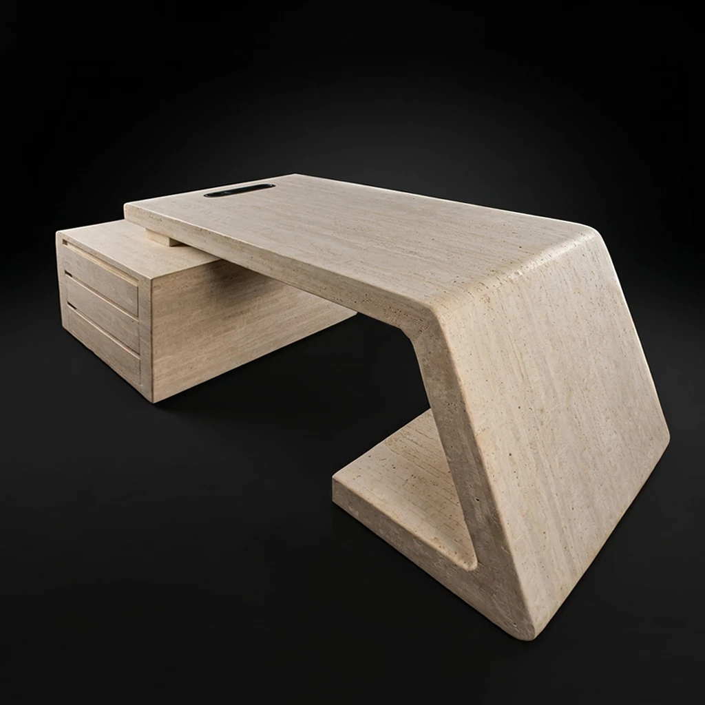 A minimalist modern natural stone office table with beige travertine finish, featuring a geometric angular base, hidden drawers storage and a floating rectangular top with integrated power hub with a built-in wireless charging pad, set against a solid black background.