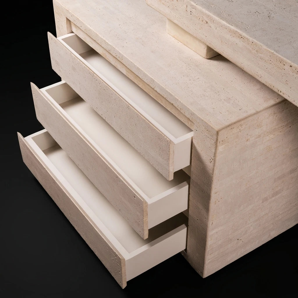 A close-up of the three drawers pulled open of Strata office desk, showing the travertine stone finish, set against a solid black background.