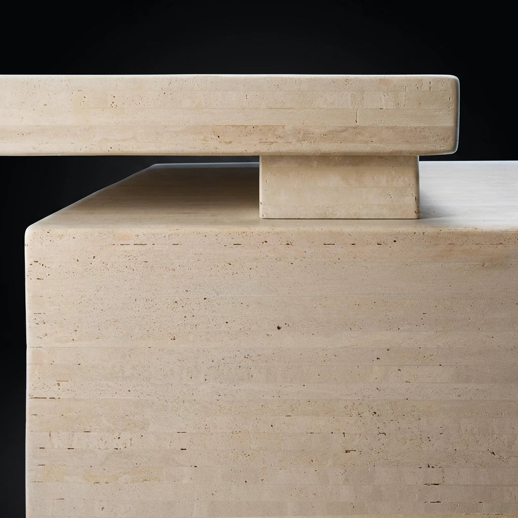 A close-up of a modern stone office table with a thick rectangular base and a flat top supported by a central pedestal, shown against a dark background.