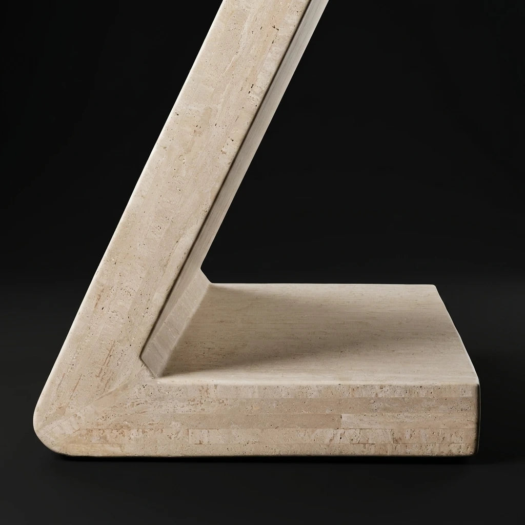 A close-up showing the angular shaped base of Strata executive desk made of travertine natural stone